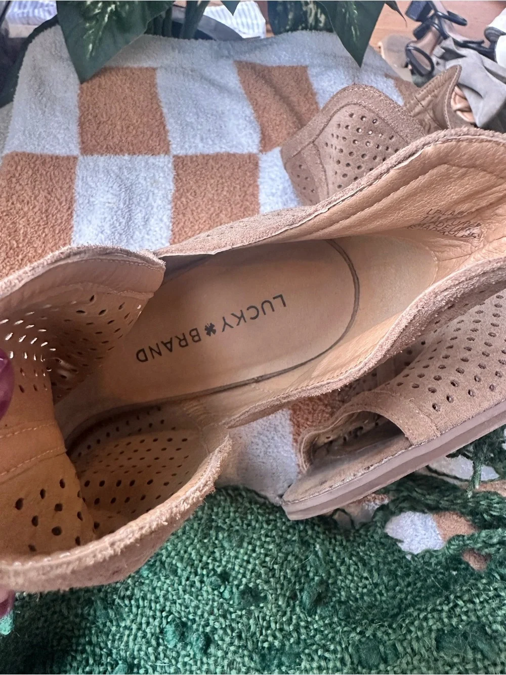 Lucky Brand Taupe Perforated Open-Toe Suede Booties